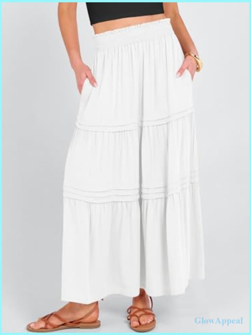 High Waisted Elastic Flowy Tiered Boho Maxi Skirt with Pockets - Picture 2 of 7